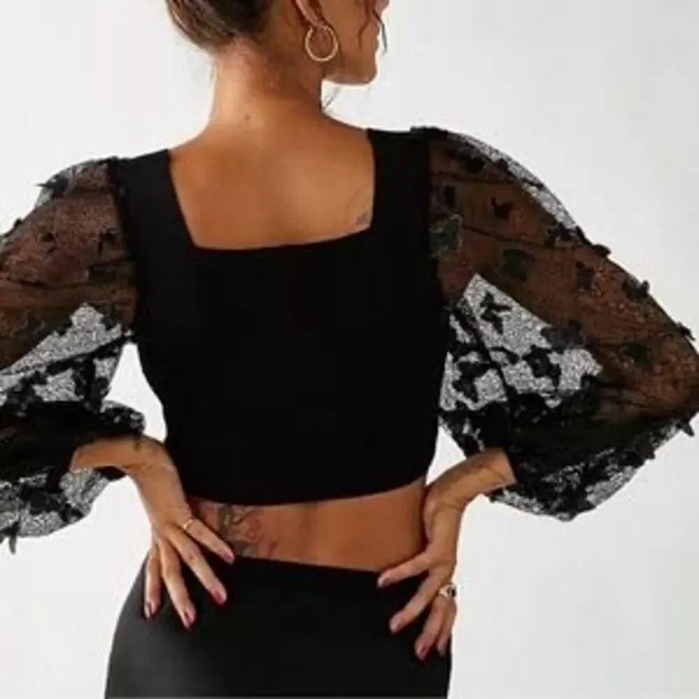 Free People Intimately Flutter By Sheer Mesh Billowy Sleeves Cropped Blouse